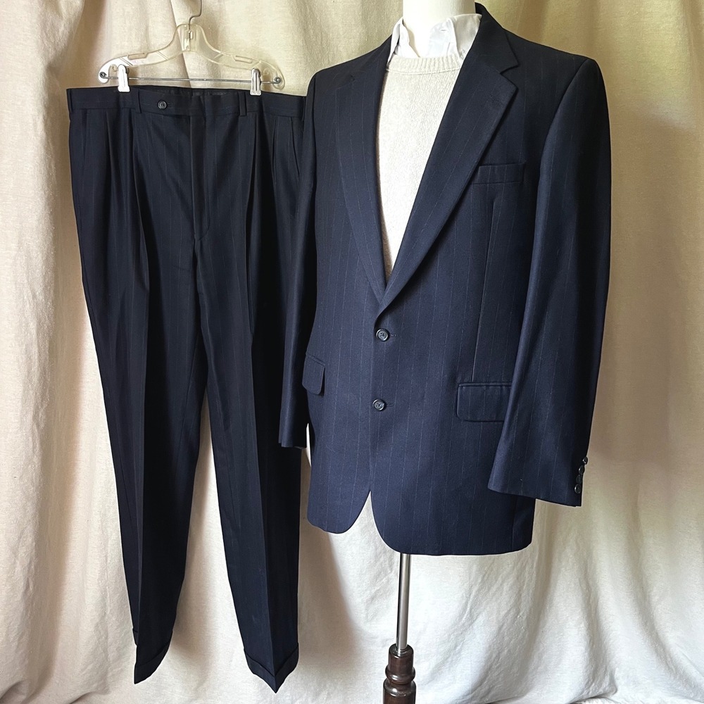 Vintage Burberrys Navy Pinstripe Wool Suit 44L Two Piece Set Made USA
